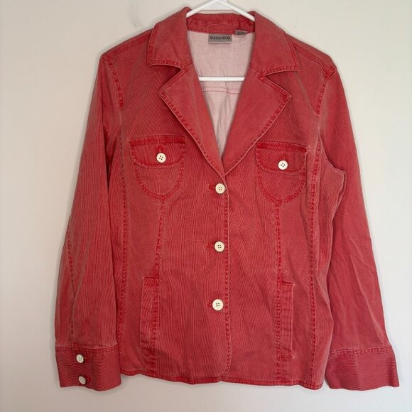 CHICO'S Corduroy Blazer Womens L (2) Red Pockets Stretch Notch Collar - Picture 3 of 5